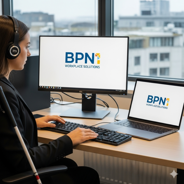 A visually impaired woman is seated at a desk in a modern office, working on both a desktop computer and a laptop.