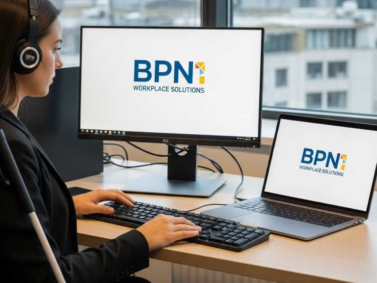 A visually impaired woman is seated at a desk in a modern office, working on both a desktop computer and a laptop.  