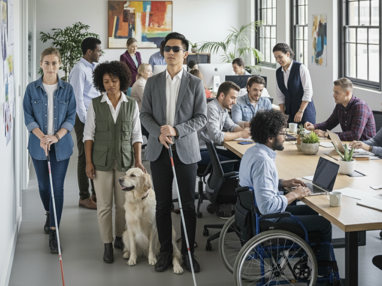 Diverse group of people working in an office, highlighting inclusivity in the workplace. 