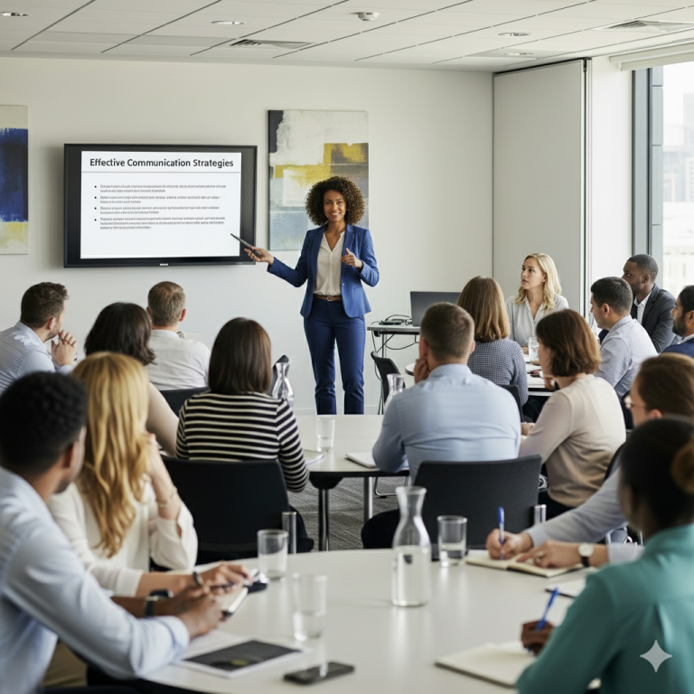 The image highlights a workplace with a female facilitator at the front of a room, leading a seminar for a group of diverse participants